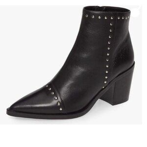 FSJ Black Block Low Mid Heel Pointy Toe Rivets Studs Side Zipper Ankle Boots